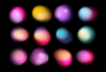 Vector illustration of blurred, glowing spheres in pink, yellow, blue, and purple on black, using a trendy vaporwave/gradient style, popular in digital art for backgrounds and light effects.