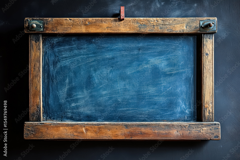 Poster wooden frame with a chalkboard inside. the frame is empty and the chalkboard is covered in chalk. ba