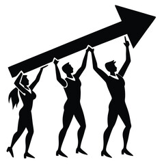 Three Silhouettes Lifting a Large Black Upward Arrow Teamwork Concept white
