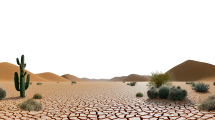 Desert Landscape: A serene expanse of a cracked desert floor, dotted with hardy cacti and sparse vegetation, stretches toward rolling sand dunes under a vast, open sky.