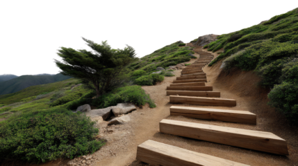 Wooden Steps Trail: A winding wooden staircase ascends a hillside, offering a picturesque view of nature's beauty and the promise of a challenging hike.