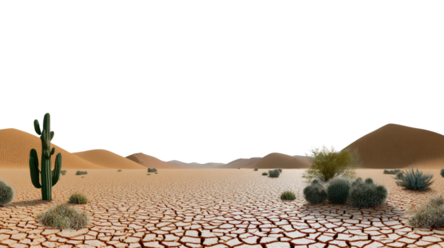 Desert Landscape: A serene expanse of a cracked desert floor, dotted with hardy cacti and sparse vegetation, stretches toward rolling sand dunes under a vast, open sky.