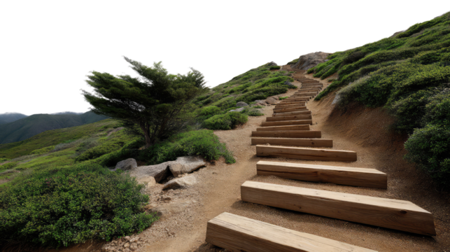 Wooden Steps Trail: A winding wooden staircase ascends a hillside, offering a picturesque view of nature's beauty and the promise of a challenging hike.