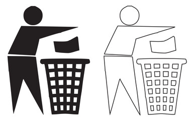 Man throw garbage, waste, trash, dust in dustbin icon set isolated. Vector illustration.