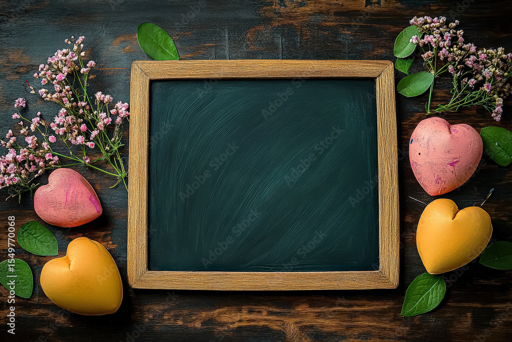 Aufkleber chalkboard with a heart on it and a heart shaped object on the right side. the chalkboard is empty a