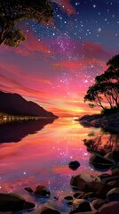 Night stars over the lake. starry sky background.