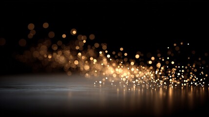 Abstract golden bokeh lights on a black background with reflection, magical ambiance