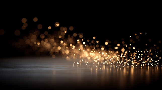 Abstract golden bokeh lights on a black background with reflection, magical ambiance
