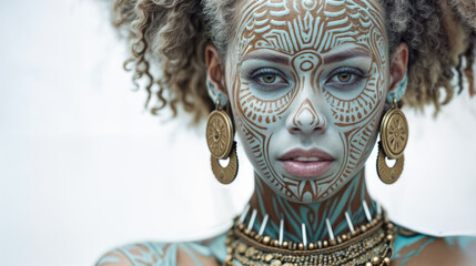 Close-up portrait of an African American woman with intricate face paint and gold jewelry. Her curly hair frames her face, creating a striking visual.