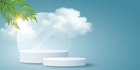 Exotic summer podium with transparent glass arc on blue background with realistic clouds, sunlight and palm leaves. Elegant pedestal design for display brand product or sale presentations. Vector.