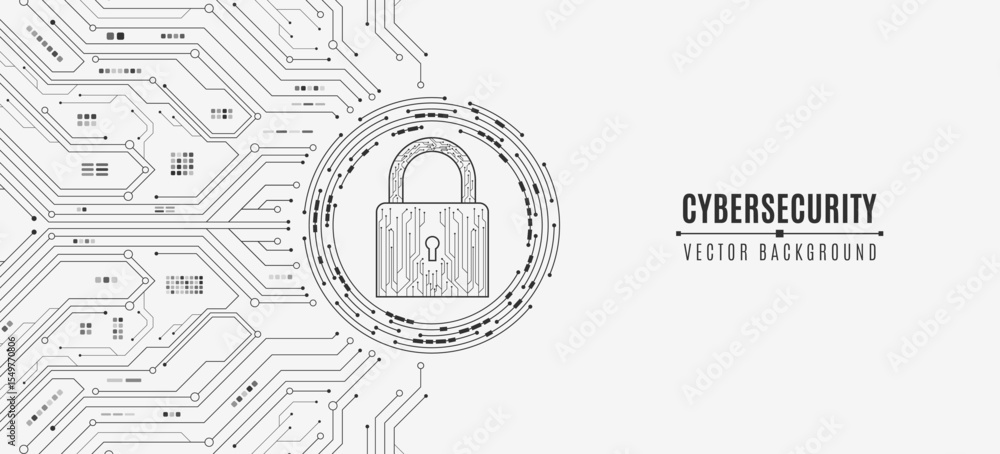 Poster cybersecurity digital lock icon with black circuit board pattern and electronic elements on white ba