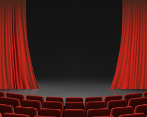 Performance theater stage with red curtain and chairs. Vector illustration