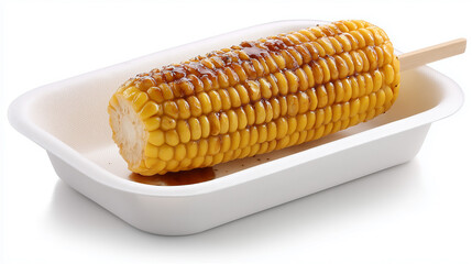醤油ダレがたっぷりかかった焼きとうもろこしが発泡容器に乗せられた generative ai
