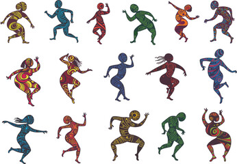 Illustration of colorful spiral dancing figures, isolated on white background