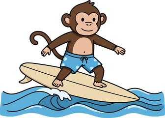 Digital illustration of a monkey with swimming shorts surfing on the waves, isolated on white background