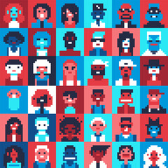 Set of 36 pixel art faces with unique expressions and diverse features, rendered in 8-bit style, male and female avatars, varied hairstyles, accessories, skin tones. Retro video games, user interface.