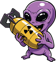 Digital illustration of a purple alien holding an atomic bomb, isolated on white background