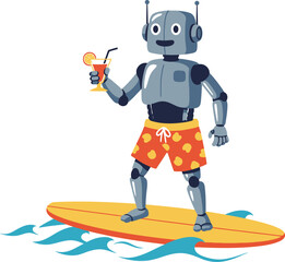 Digital illustration of a robot with swimming shorts riding a surfboard, holding a cocktail, isolated on white background