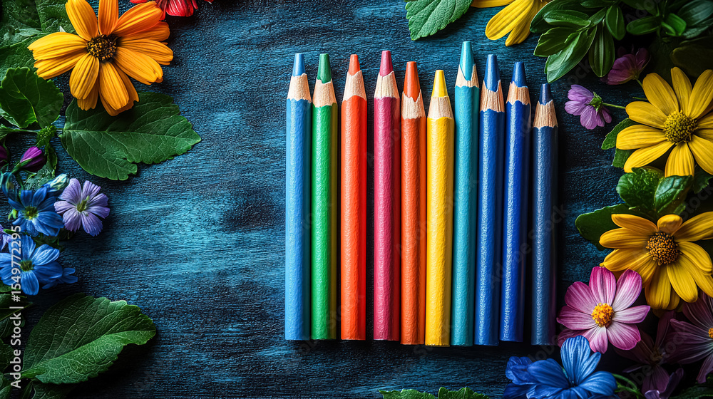 Poster row of colored pencils are arranged in a row on a blue background. the pencils are of different colo