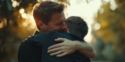Two men embrace in a park at sunset.