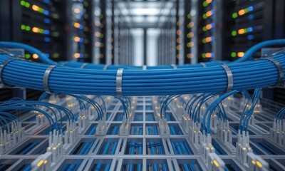 Blue network cables and fiber optic connections in a high tech data center server room
