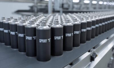 Numerous matte black aerosol spray cans with chrome caps moving on a factory production line