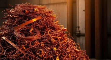 Large heap of gleaming copper metal scrap pile with twisted wires and flattened sheets