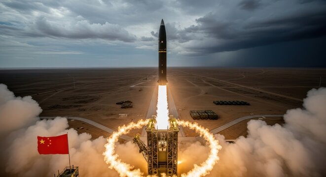 Dark grey ballistic missile launching with fiery exhaust and smoke against a dramatic cloudy sky