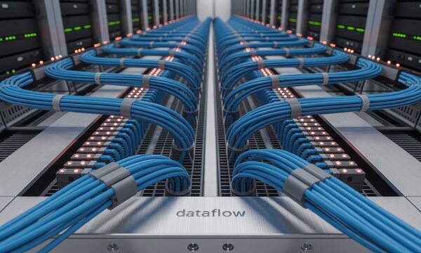 Rows of blue data cables and fiber optics connecting advanced servers in a large data center