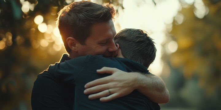 Two men embrace in a park at sunset. - Powered by Adobe