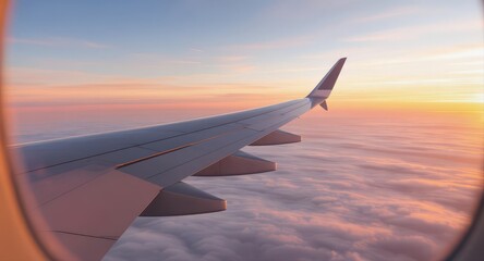 Obraz premium Airplane wing view from passenger window flying above clouds during a colorful sunset