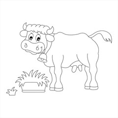 A cow cute cartoon  animal in black and white outline, KDP, kids, line art, coloring book page , Illustration