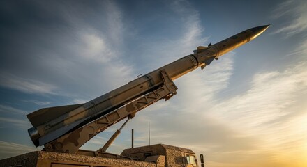 Large desert camouflage military missile mounted on a launcher angled against a dramatic sky at sunset