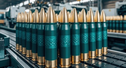 Newly manufactured artillery shells with brass tips on a production line in a modern factory