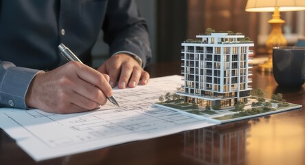 Professional architect drawing detailed blueprints with a technical pen, next to a modern building model