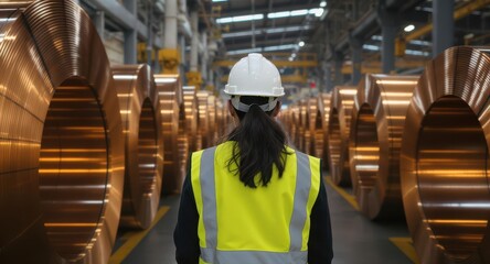 Professional female industrial worker in safety gear inspecting large copper coils in a modern factory setting