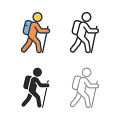 Hiking Icon Set Featuring a Person with Backpack and Hiking Poles in Multiple Artistic Graphic Styles