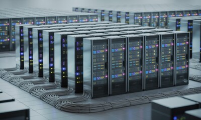 Modern high tech data center with rows of server racks and glowing led indicators