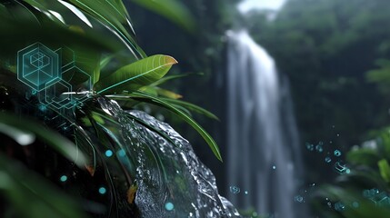 Lush Tropical Waterfall Scene with Digital Interface Overlay and Vibrant Green Foliage