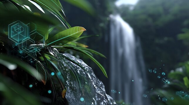 Lush Tropical Waterfall Scene with Digital Interface Overlay and Vibrant Green Foliage