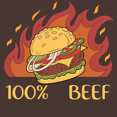 Stylized burger vector with crunchy lettuce, melted cheese, grilled beef, tomato slice, and fluffy bun.