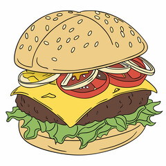 Premium vector illustration of homemade burger with cheddar cheese, veggies, beef patty, and sesame bun.