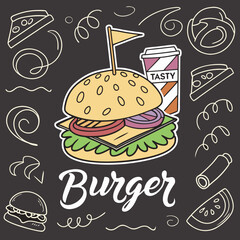 Delicious burger with melted cheese, crispy lettuce, juicy patty, tomato, and sesame bun, isolated vector.