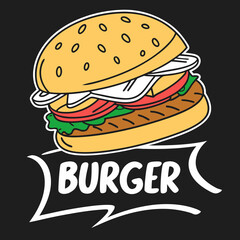 Vector image of classic hamburger stacked with layers of vegetables, cheese, and grilled beef patty.
