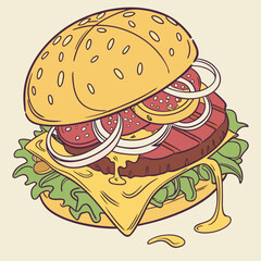 Vibrant vector burger with double patty, gooey cheese, lettuce, onion, and sesame seed bun.