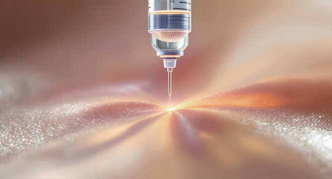 Syringe with glowing liquid injecting light and particles for cellular rejuvenation