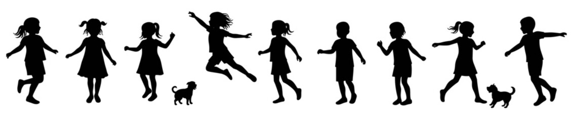 Silhouettes of Playful Children Running, Jumping, and Walking with Pets – Kids in Action for Animation, Design