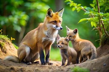 Fototapeta premium A fox and her kits playing near a forest den generative ai