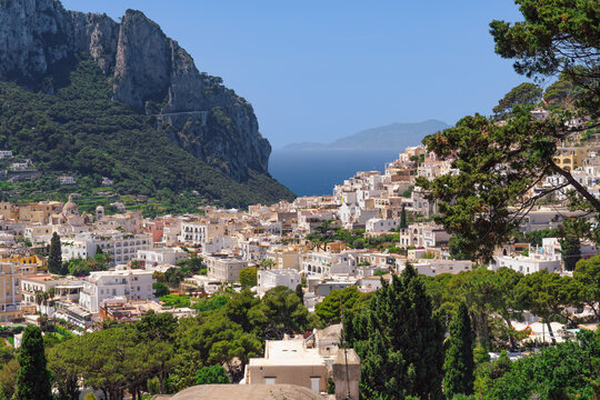 Capri Island, Italy landscape with vibrant architecture creating a stunning panorama of coastal beauty.