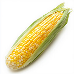 Close-up of a fresh ear of corn with husk partially peeled back isolated on white background